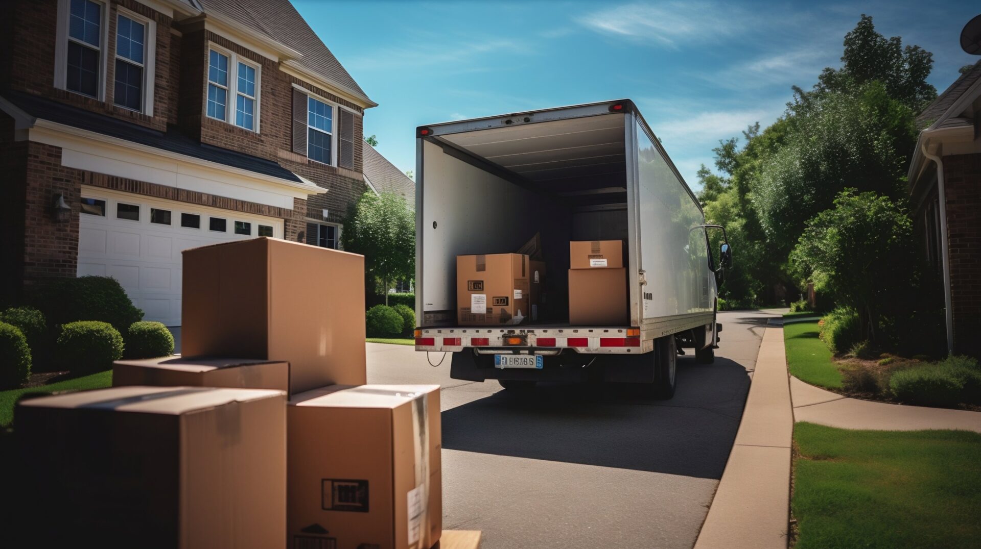 Moving Truck Loaded with Boxes in Suburban Home Driveway